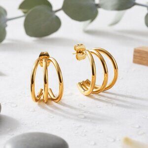 18K Gold Plated Triple Hoop Earrings Stainless Steel Small Minimalist Split Stud